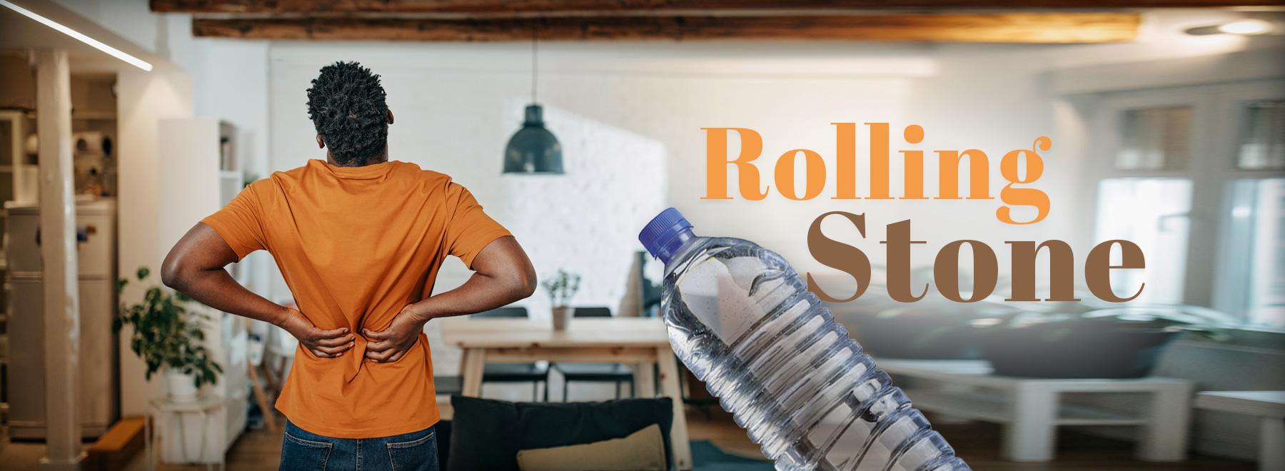 African american man holding his back and a water bottle superimposed on it.